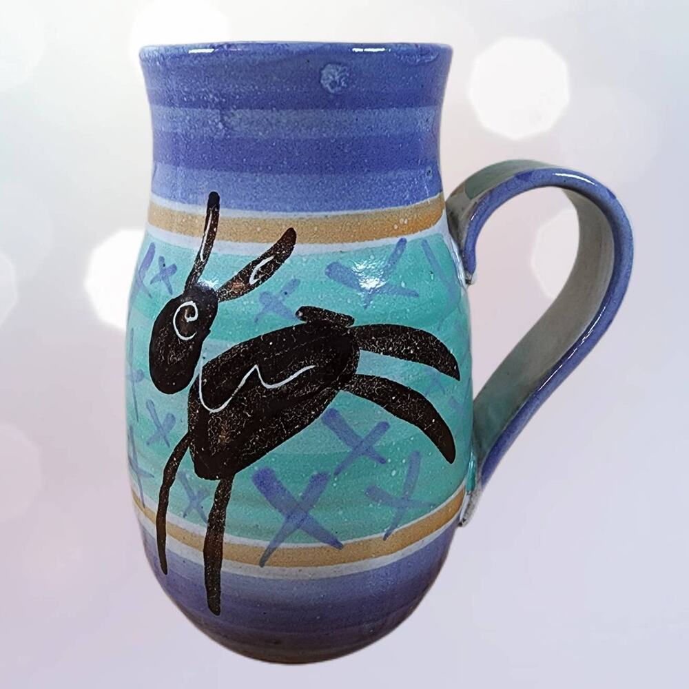 TPG Studio Art Pottery Mug Boho Animal Motif Signed Ceramic 16oz USA Handmade